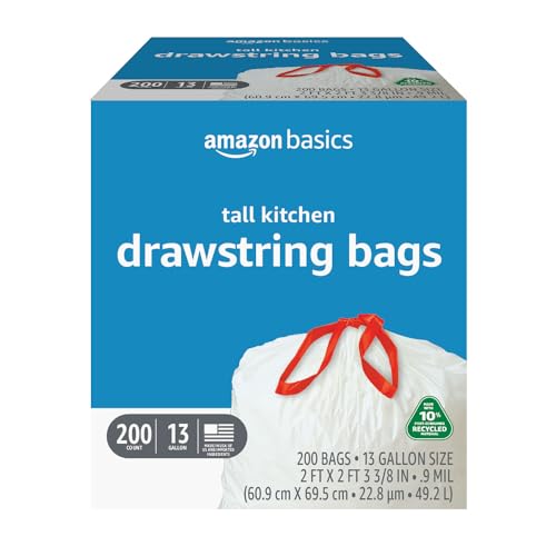 Amazon Basics 13 Gallon Tall Kitchen Drawstring Trash Bags, Unscented, 10% Post Consumer Recycled, 200 Count