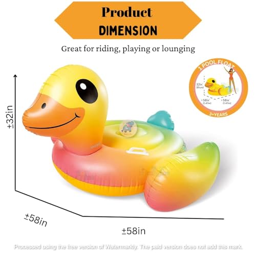 Image of Ride-On Air Inflatable Swimming Ring Float| Children Safety Rider Tube for Kids |Floater Raft Lounger Pool Mattress for Adults with Handles (Age 3+) (Rainbow Duck)