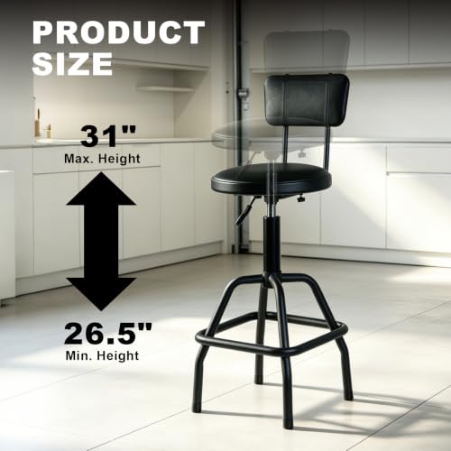 Image of BIG RED Pneumatic Shop Stool with Backrest, Black | Heavy-duty steel frame, 300-lb cap. Adjustable height 26.5 inch-31 inch .With backrest. No-tool assembly.