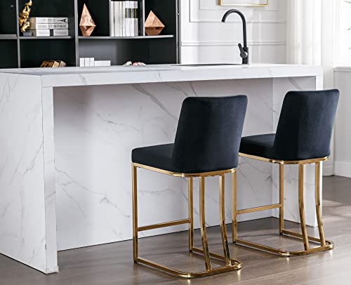 Vescasa 24" H Counter Height Barstools With Back, Mid Century Modern Velvet Upholstered Counter Stool Chairs With Gold Metal Frame For Kitchen Island, Bar, Pub, Set Of 4, Black #TOP4