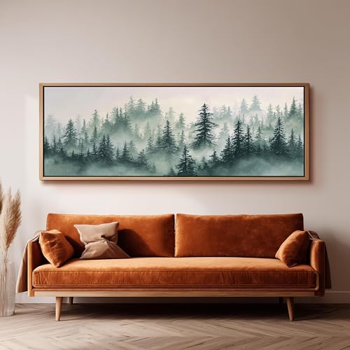 Tableau Forêt Brumeuse pour Décoration au-dessus du Lit | Aquarelle Toile 35x105cm