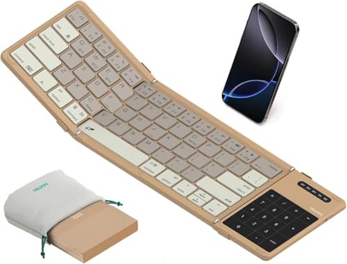 Image of Nilkin Upgraded Foldable Bluetooth Keyboard with Touchpad & Number Pad, Portable Wireless Keyboard for Travel, Pocket-Sized, Full Size Keys, Support 3 Devices for iPad Laptop Tablets Phone, (Khaki)