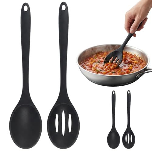 Image of 2PCS Black Cooking Spoons Set,Slotted Spoon,Kitchen Utensils for Everyday Meal Preparation, Comfortable Handle Design, Ideal for Draining and Stirring Various Foods