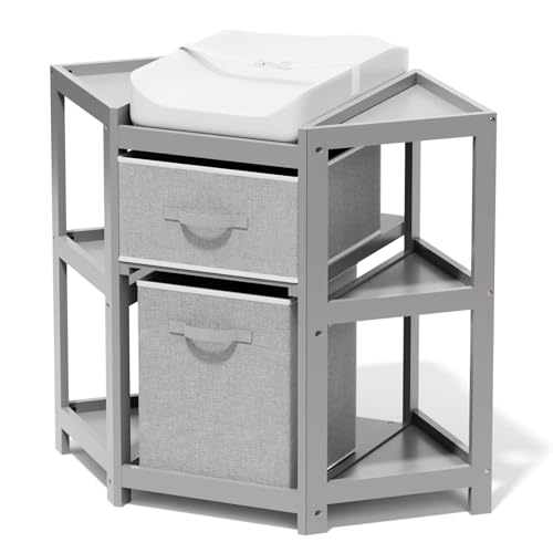 Glaf Corner Changing Table for Baby Diaper Changing Station with Storage Drawer Laundry Hamper Multifunctional Changing Station for Newborn Infant with Pad Grey