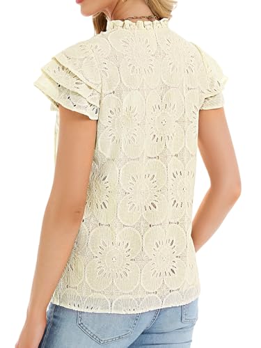 Funlingo Blouses for Women Dressy Casual Ruffle Cap Sleeve Eyelet Lace Boho Tops Summer Hollow Out Embroidered Shirts Trendy Clothes 2026 Beige 3XL — view 4