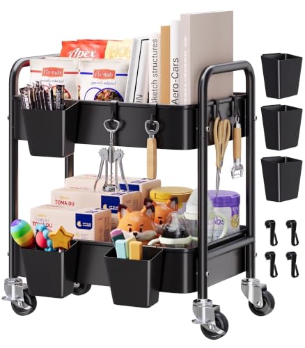 2 Tier Small Rolling Cart Metal with Wheels Black Under Desk Storage Carts on Wheels Short Utility Roller Shelf Trolley Organizer for Pantry Kitchen Office Two Tiered Mobile Side Table 22in Tall