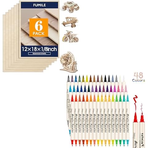 FUMILE 6 Pack 12x18x1/8 Inch Basswood Sheets and 48 Colors Dual Tip Acrylic Paint Pens.Paint Markers With Extra Fine Tip and Brush Tip for Wood,DIY Craft and gift for Halloween and Christmas. Cover