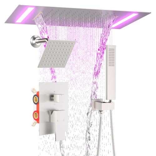ENGA Dual Rain Shower Head System, 2 In 1 Functions Ceiling Mount 14x20inch LED Shower Head with 6 Inch Shower Head, Rainfall Waterfall Shower Faucet Set, Brushed Nickel by Enga - Used condition - US$436.99