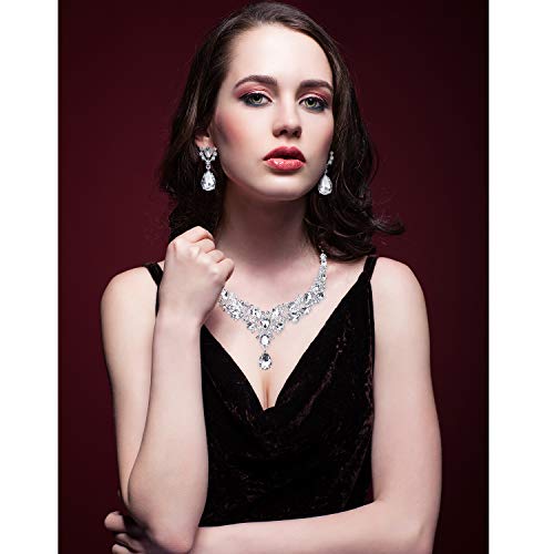 Bridal Teardrop Cluster Crystal Jewelry Set For Women Necklace Earrings Wedding (Silver) #TOP4