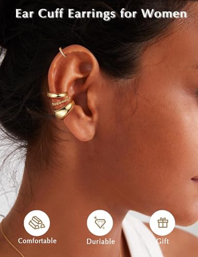 Ear Cuff Set für Damen Ohne Piercing - 4 Paar 14K Goldbeschichtete Ohrklemmen Fake Helix Nicht Verblassend Knorpel Ohrringe für Ungepiercte,Verstellbare Ohrmanschetten in Geschenkbox Gold-Schick
