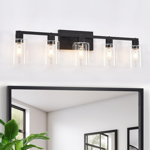 Image of 5 Light Vanity Lights for Bathroom, Black Bathroom Vanity Light, Large Vanity Light Fixtures, Bathroom Lighting Fixtures Over Mirror, Vanity Lights with Clear Glass for Bathrrom