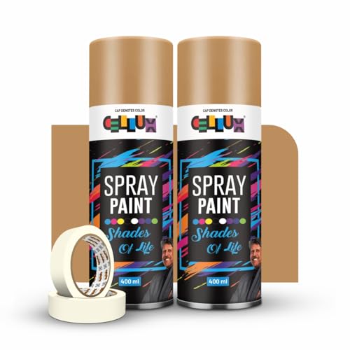 Image of Cellux 2X Ultra Cover Gold Spray Paint | DIY, Quick Drying with Premium Gloss Finish for Metal, Wood, Wall & Other Surfaces - 400 ML - Pack of 2 with 2 Masking Tape Rolls