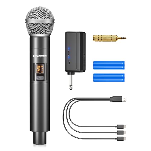 Aokeo Wireless Microphone Only for Mic Input, UHF Metal Dynamic Handheld Multipurpose Mic with Rechargeable Receiver (Work 4hs), 160ft Range, for Karaoke Machine, Amplifier Speaker, Mixer, Church