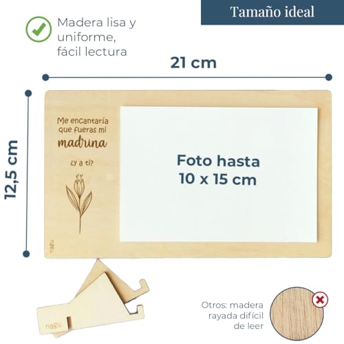 Miniatura 5 de Nagu Marco De Fotos De Madera - Regalos Personalizados - Quieres Ser Mi Madrina - Recuerdos Bautizo Para Bebé - Foto 10x15 Cm - Soporte Para Mesa - Trasera Lisa Para Dedicatoria Especial