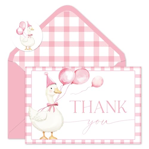 Cartes de remerciement oie et nœud rose pour invités de baby shower et fête d'enfants