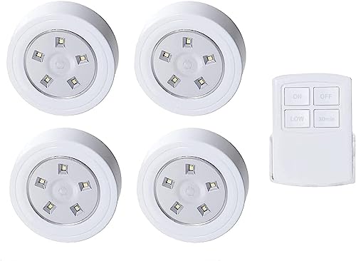 Image of LED Puck Lights with Wireless Remote and Auto Timer, Battery Operated Dimmable Under Cabinet Lights for Kitchen, Bedroom, Doorway, Closet, Hallway and Stairs, 4 Pack(White)