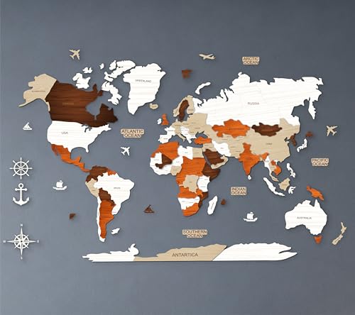 Image of AD INFINITUM 3D Wooden Map of The World | Home Decor | Office Decor | A great gift for travelers | Wall decor Country names with Borders (Multicolor Multilayer, 4x3 Feet, WORLD MAP)