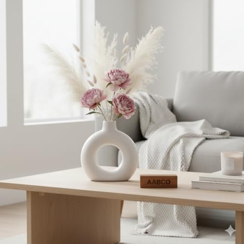 Image of Modern Ceramic Ring Vase with Pink Floral Stems, White, Decorative Flower Holder for Home (5 INCH)