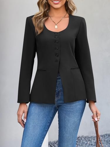Cicy Bell Womens Business Work Casual Blazers Button Down Scoop Neck Split Hem Fitted Suit Jackets4