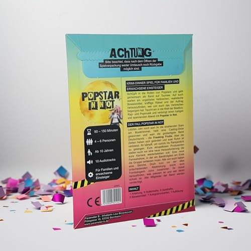 Parameter B - Popstar in Not - Krimidinner für 4-6 Personen – ab 10 Jahren - Krimidinner für Zuhause für Familien mit Kindern - Krimispiel für Einsteiger - realistische Beweise