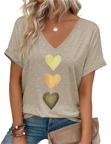 heekpek T Shirt Femme Col V Sexy Tee Shirt Manches Courtes Imprimés Top Femme Chic et Élégant Décontractés Extensibles Haut Ete, Abricot, M