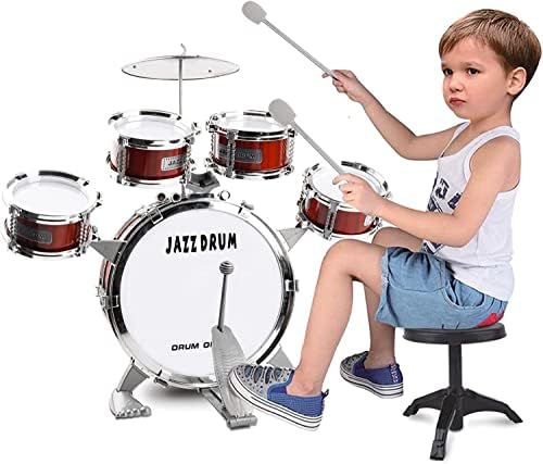 Toddler Drum Set Musical Toy Drum Set for Kids Jazz Drum Kit with Stool with Stool, Bass Drum, Cymbal, 2 Drum Sticks and 4 Small Drums Toys for 3 4 5 Year Old Boys Girls Gifts