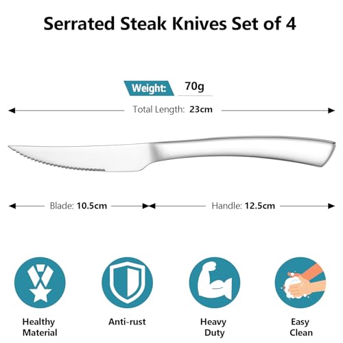 Homikit Steak Knives Set of 4, Stainless Steel Sharp Serrated Kitchen Knives with Ergonomic Handle, Full Tang Dinner Table Knives for Cutting Meat, Mirror Polished & Dishwasher Safe - Image 3