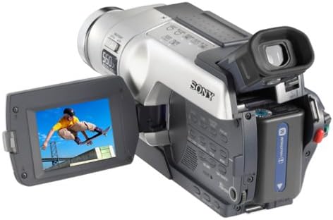 Rear view of Sony CCDTRV118 Hi8 Camcorder with battery pack visible and LCD screen open.