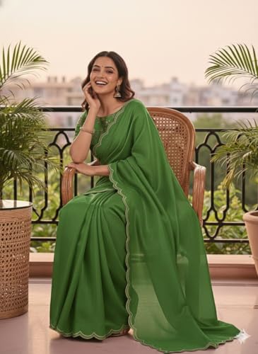 Image of Chinon Silk Saree with Embroidered Blouse, Traditional Georgette Saree, Elephant Embroidery Pattern, V-Neck Design, Free Size, Festival Wear