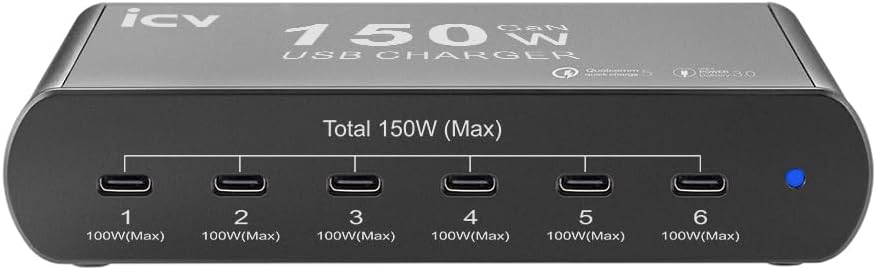 icv 6-Port GaN 150W Charging Station for Multiple Devices, PD3.0 Fast USB Type C 100W Laptop Charger, Smart Power Regulation, Compatible with MacBook, iPhone, Samsung, Tablets Smartphones, Black