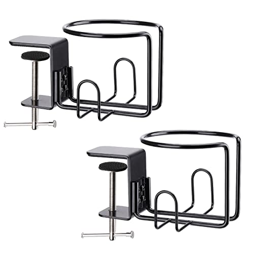 LEKUSHA Large Desk Cup Holder, Clip On Table Cup Holder, Anti-Spill Drink Holder for Lawn Chair, Horizontal or Vertical Mount, Pack of 1, Black