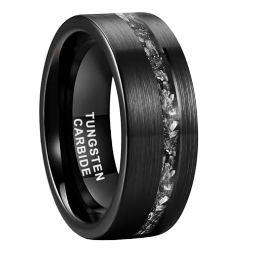 TUTISS 8mm Black Tungsten Rings for Men Women Genuine Meteorite Chip Inlay Fashion Jewelry Engagement Wedding Promise Band Brushed Finish Comfort Fit Size 7