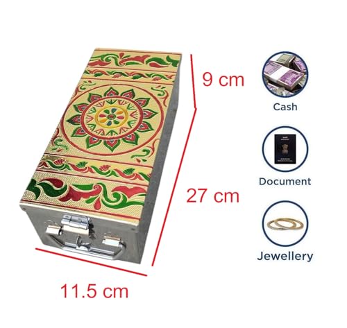 Image of Stainless Steel Storage Box, Cash Box, Pooja Peti, Organizer, Vanity Storage Box, Jewellery Safe Bank Locker, Cash Box With Handicrafts Digital Meena Kari Design (Blue, 10.2 Inch)
