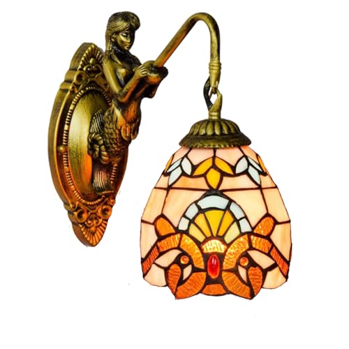 Aplique de pared Tiffany de sirena de 6 pulgadas, con vitrales, estilo barroco vintage amarillo, lámparas de noche decorativas for dormitorio, sala de estar, pasillo y escaleras.