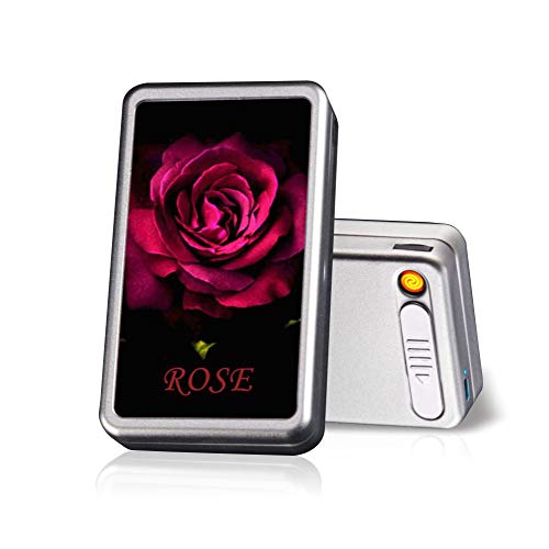 Cigarette Case with Lighter Built in USB Lighter Cigarette Box 2 in 1 Regular Cigarettes Electronic Rechargeable Flameless Windproof Lighters Hold 20pcs King Size (Rose)