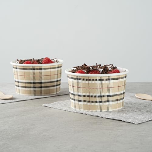 Image of Restaurantware Coppetta 12 Ounce Dessert Cups, 50 Disposable Ice Cream Cups - Lids Sold Separately, Sturdy, Plaid Paper FroYo Bowls, For Hot And Cold Foods, Perfect For Gelato Or Mousse