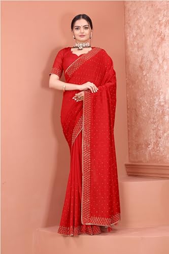 Image of SWADESI STUFF Vichitra Silk Saree with Banglory Silk Blouse and Stunning Crystal Fix Embellishments - Elegant Indian Ethnic Wear for Women