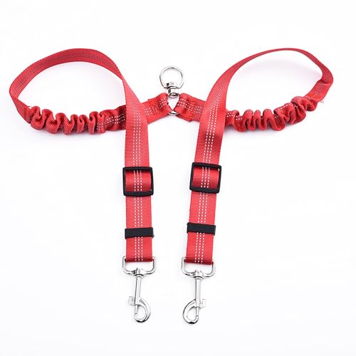LZGOPE Double Dog Lead, Adjustable Shock Absorbing Bungee Cord, Dual Leash Coupler, 360° Swivel Tangle-Free, Reflective Leash Splitter for Daily Walking and Training of Medium to Large Dogs (Red)