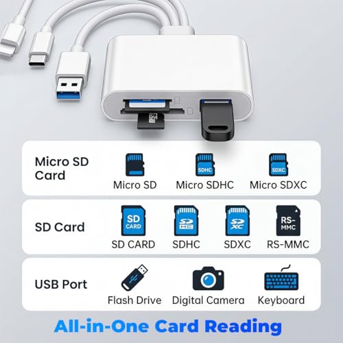 Image of Verilux 3-in-1 SD Card Reader for iPhone iPad Mac, Multi Lighting & USB-C & USB-A Memory SDCard Adapter, Support SD /MicroSD /USB OTG, High-Speed Trail Camera Viewer, Portable No App Plug & Play