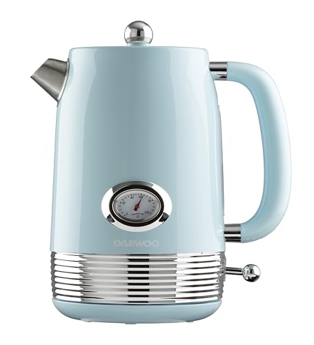 Daewoo Denver 1.5L Rapid Boil Kettle Sky Blue 3000W Fast Boil Temperature Gauge 360 Base Retro Vintage Design Ideal for Home Office and Gifting