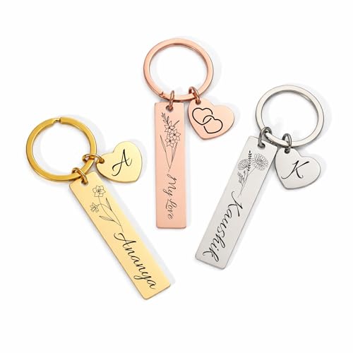 Image of Personalized Double-Sided Stainless Steel Keychain, Custom Name and Birth Flower Engraving, Initial Charm, Silver