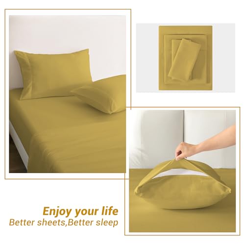 Image of Softan Microfiber King Sheet Set with Non-Slip Straps, Mustard Yellow | 15 inch Deep Pocket Fitted Bed Sheets, Double Brushed Microfiber, Cozy Sheets & Pillowcase for All Season