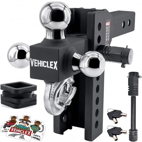 Vehiclex 8" Adjustable Drop Hitch for 2" Receiver, Heavy Duty Tri-Ball & Tow Hook with Keyed-Alike Pin Locks for Mid-Size & Full-Size Trucks, Solid Steel Design