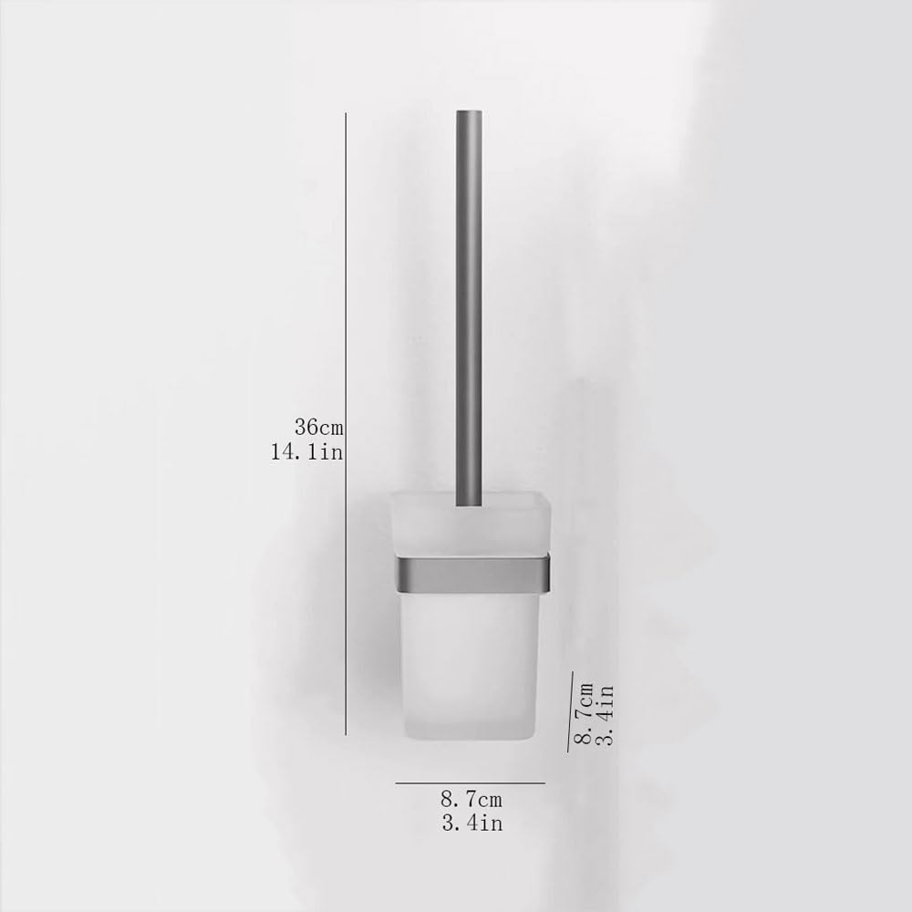 Escobilla WC Kit de Brus de inodoro cuadrado de vidrio esmerilado, cepillo de baño con mango largo de acero inoxidable montado en la pared, cepillo de baño con cabezal redondo blanco Escobillero