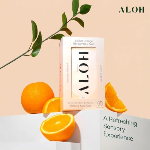 Image of ALŌH Sweet Orange Bergamot + Aloe Hand Sanitizer Wipes, Travel Size | Clean Hands, Clear Mind, On The Go for Kids and Adults | Alcohol Free, Moisturizing, Scented | 3 Pack 20ct Wipes (60 wipes)