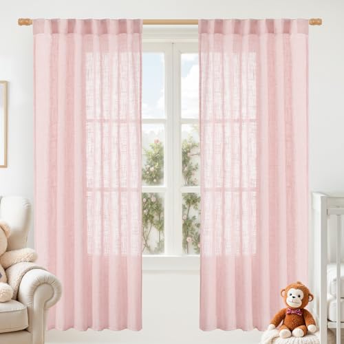 LAMIT 72 inch Pink Linen Curtains for Living Room 2 Panels, Linen Textured Light Filtering Semi Sheer Back Tab and Rod Pocket Farmhouse Curtain Panels for Bedroom/Farmhouse, 52 x 72 Inch