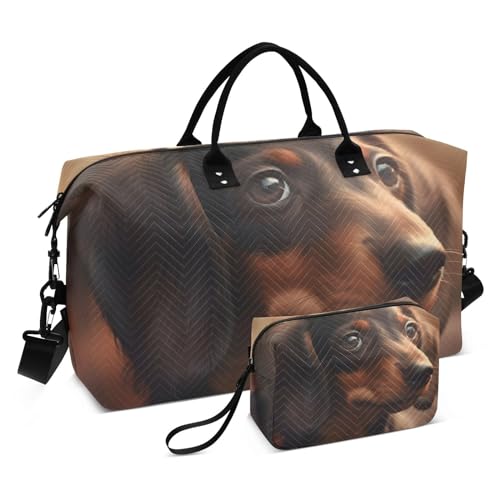 Large Travel Duffel Bag, Puppy and Dachshund Sports Tote Gym Bag, Shoulder Weekender Overnight Bag for Women Men, Carry On Luggage with Toiletry Bags