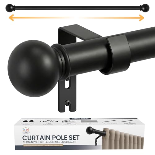 Extendable Curtain Poles 87-243cm - Adjustable Metal Curtain Poles for Eyelet Curtains with Ball Finials & Curtain Rod with Wall Brackets Easy Install Black Curtain Rail for Windows (16mm Diameter)