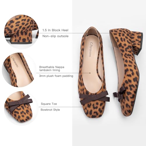Image of C.Paravano Women's Pumps | Luxury Leather Pumps | 1.5 Inch Chunky Block Heel & Square Toe | Fabric Bow