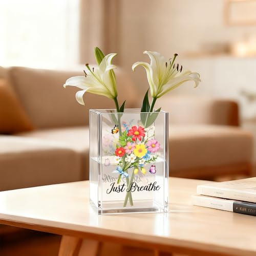 Image of Just Breathe Acrylic Cosmetic Organizer Pen Holder, Motivational Acrylic Desk Holder Cup for Pen Pencil, Inspirational Office Gifts for Coworker Leader, Mental Health Gifts for Anxiety Friend